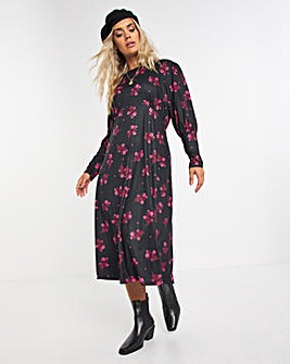 Black Floral Supersoft Jersey A Line Midi Dress