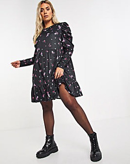 Black Floral Supersoft Jersey Tiered Smock Dress with Sleeve Detail