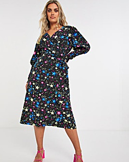 Black Cosmic Print Wrap Midi Dress with Shirred Cuff