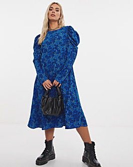 Blue Animal Ruched Sleeve Midi Dress