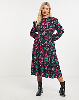 Floral Print Supersoft Frill Shoulder Midi Dress