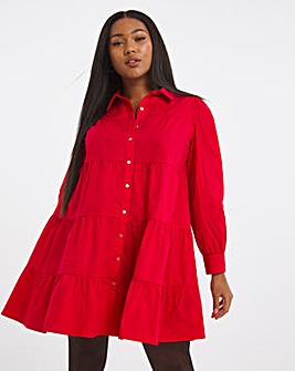 Red Cotton Tiered Long Sleeve Shirt Smock Dress