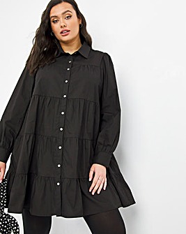 Black Cotton Tiered Long Sleeve Shirt Smock Dress