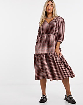 Pink Textured Check V Neck Tiered Midi Dress