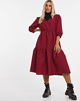 Red Textured Check V Neck Tiered Midi Dress