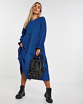 Blue Gingham Long Sleeve Tiered Textured Jersey Midi Dress