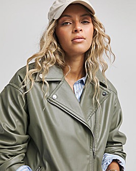 Sage Faux Leather Oversized Belted Biker Jacket