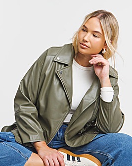 Sage Faux Leather Oversized Belted Biker Jacket