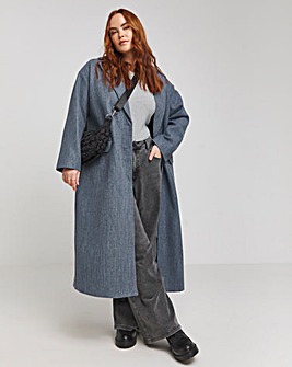 Denim Look Faux Wool Maxi Formal Coat