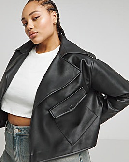 Black Cropped Faux Leather Trench