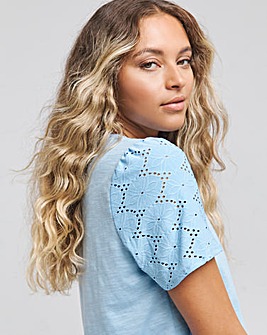 Blue Broderie Sleeve T-Shirt