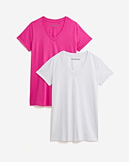 Simply Be White & Hot Pink 2 Pack V Neck Longline T-Shirts