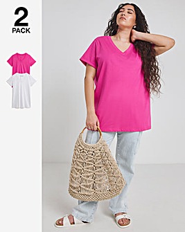 White & Hot Pink 2 Pack V Neck Longline T-Shirts