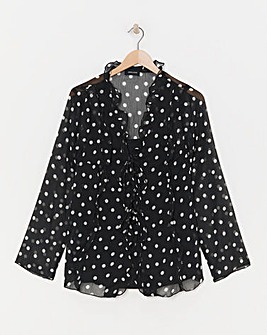 Black Spot Tie Detail Ruffle Blouse