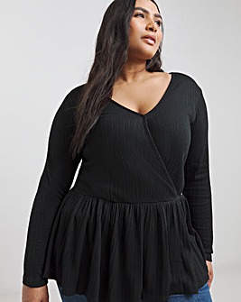 Black Ribbed Soft Touch Mock Wrap Top