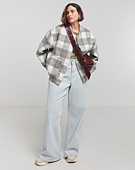 Grey Checked Brushed Faux Wool Bomber