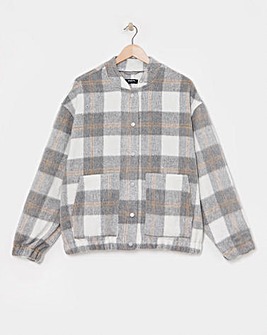 Grey Checked Brushed Faux Wool Bomber