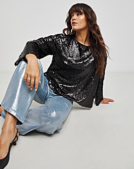 Black Flared Sleeve Matte Sequin Top