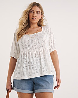 White Jersey Broderie Square Neck Top