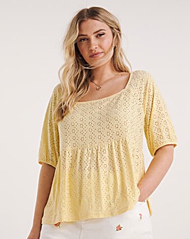 Lemon Jersey Broderie Square Neck Top