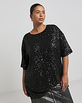 Black Linear Sequin Oversized T-Shirt