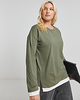 Khaki & Cream Long Sleeve Side Split T-Shirt