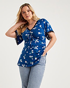 Blue Animal Angel Sleeve Ruched Top