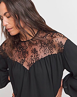 Womens Lace Insert Long Sleeve Blouse - Black