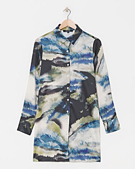 Womens Satin Longline Long Sleeve Shirt - Blue/Natural Abstract