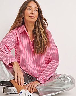 Womens Cotton Poplin Oversized Long Sleeve Shirt - Pink Stripe