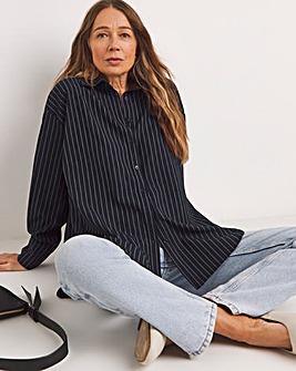 Womens Twill Oversized Long Sleeve Shirt - Navy Pinstripe