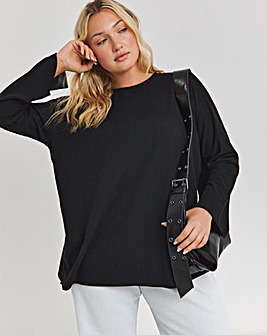 Black Soft Touch Ribbed Split Sleeve Top