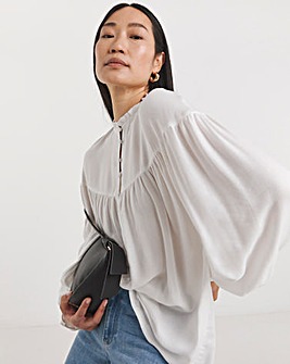 Womens Twill Collarless Blouson Sleeve Blouse- Ivory