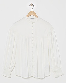 Womens Twill Collarless Blouson Sleeve Blouse- Ivory