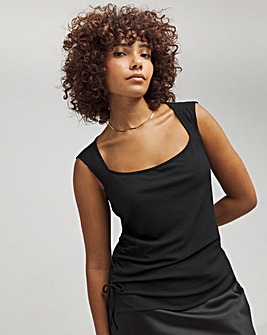 Black Square Neck Cap Sleeve Top