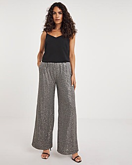 Slate Grey Stretch Sequin Wide Leg Trousers