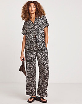 Mono Print Crinkle Shirred Waist Wide Leg Trousers