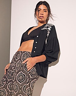 Mono Print Crinkle Shirred Waist Wide Leg Trousers