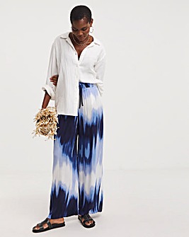 Blue Tie Dye Crinkle Shirred Waist Wide Leg Trousers