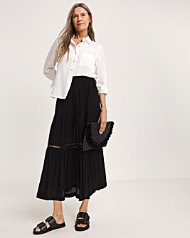 Black Crinkle Tiered Midi Skirt