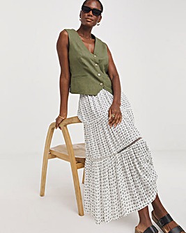 Natural Print Crinkle Midi Skirt