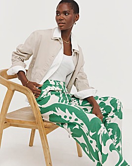 Green Print Spun Viscose Pull On Wide Leg Trousers