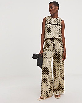 Natural Print Spun Viscose Pull On Wide Leg Trousers