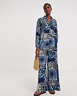 Blue Printed Spun Viscose Pull On Wide Leg Trousers