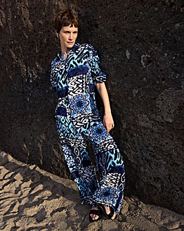 Blue Printed Spun Viscose Pull On Wide Leg Trousers