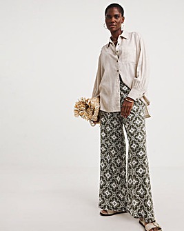 Green Printed Spun Viscose Pull On Wide Leg Trousers