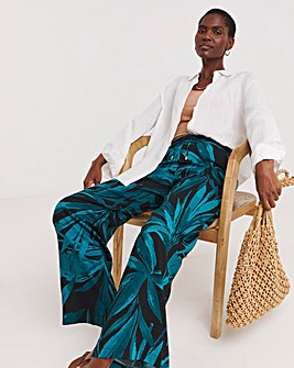 Black Palm Printed Spun Viscose Pull On Wide Leg Trousers