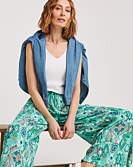 Turquoise Print Crinkle Palazzo Trousers