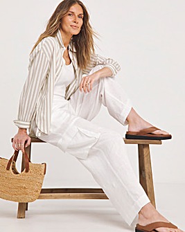 White Linen Wide Leg Utility Trousers