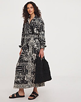 Border Print Linen Mix Midi Wrap Skirt